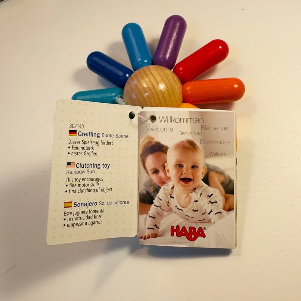 Haba - Rainbow Sun Wooden Clutching Toy Rattle & Teether 6 months and up